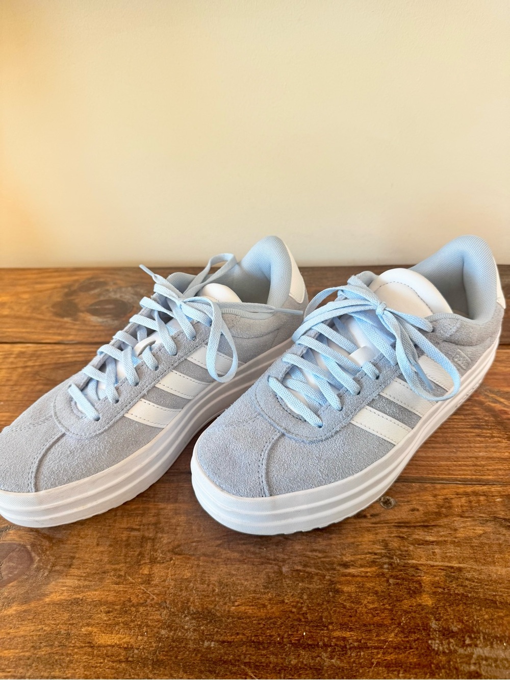adidas Girls Pale Blue Suede Platform Sneakers with White Stripes